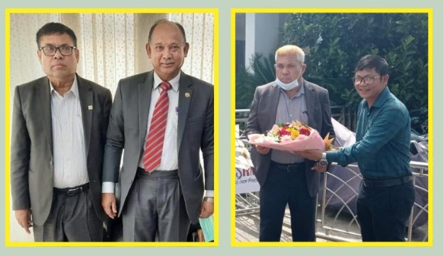 আওয়ামী লীগ সরকার আমলের রেল মন্ত্রী নুরুল ইসলাম সুজনের সঙ্গে মেনহাজুল হক (বায়ে), ব্যক্তিগত প্রমোদ ভ্রমনে ফুলেল শুভেচ্ছা দিচ্ছেন কক্সবাজারের প্রকৌশলী (ডানে)। ছবি: সংগৃহীত 