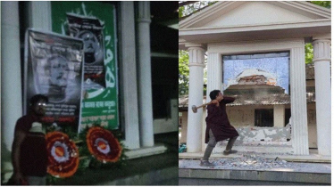 বঙ্গবন্ধুর প্রতিকৃতিতে পুষ্পস্তবক অর্পণ, ভেঙে দিল ছাত্র-জনতা