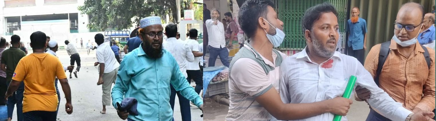 ইসলামী ব্যাংকের সামনে দুই পক্ষের ইটপাটকেল নিক্ষেপ। ছবি: আপন দেশ