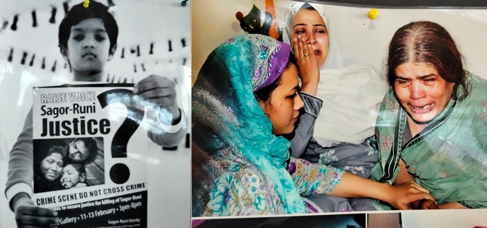 মা-বাবার হত্যাকারীদের বিচারের দাবিতে রাস্তায় প্লাকার্ড নিয়ে নিহত দম্পতির একমাত্র সন্তান মেঘ (বায়ে)। সন্তান হারিয়ে আদালত ও আইনশৃঙ্খলাবাহিনীর দ্বারে দ্বারে ঘুরে হয়রান রুনীর মা (ডানে)। ছবি: সংগৃহীত।