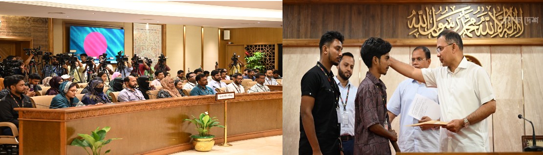 শহীদ পরিবারের সদস্যদ (বায়ে), নিয়োগপত্র দিচ্ছেন প্রধানমন্ত্রী তারেক রহমান (ডানে)।  