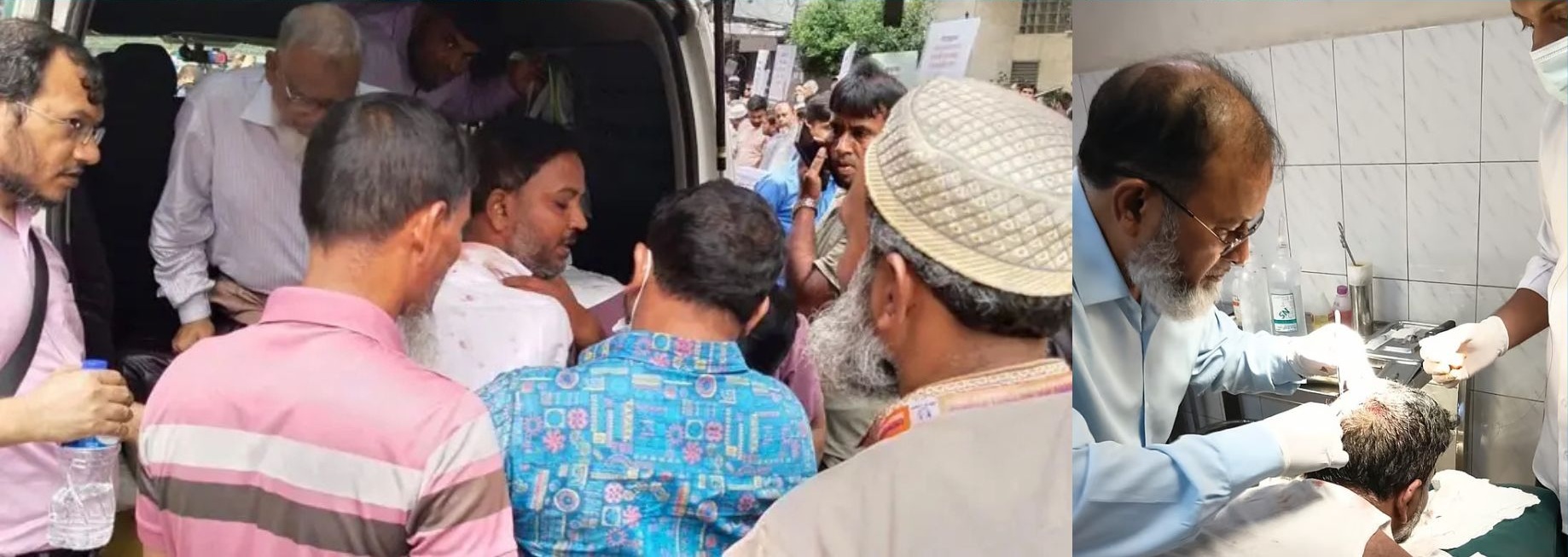 ইসলামী ব্যাংকের সামনে সংঘর্ষে ইটপাটকেলের আঘাতে রক্তাক্ত হওয়া আন্দোলনকারীকে সেবা দিচ্ছে চিকিৎসক। ছবি: আপন দেশ